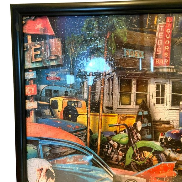 Framed Puzzle Picture Old Nostalgic Cars Motorcycles Trucks Dogs Bel Aire Motel - Picture 4 of 8